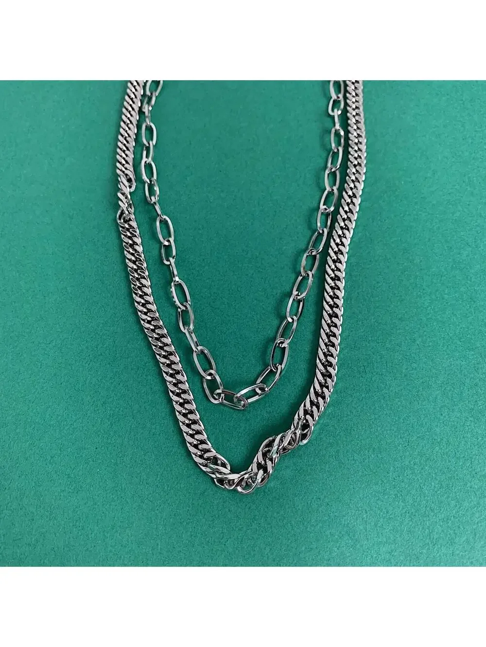 Stainless steel Cyber y2k Double layer silver chrome chain grunge Cuban link